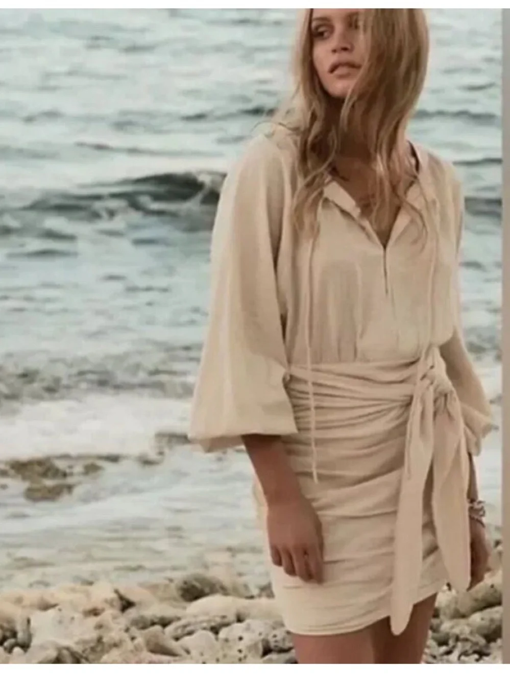 Free People The Only One Mini Dress Cream Gauze Beachy Long Sleeve Tie Waist S